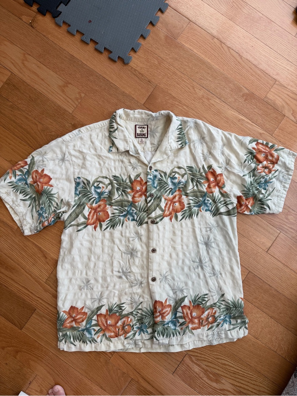 Tommy Bahama Cream Short-Sleeve Floral Camp Shirt with Orange & Green Print